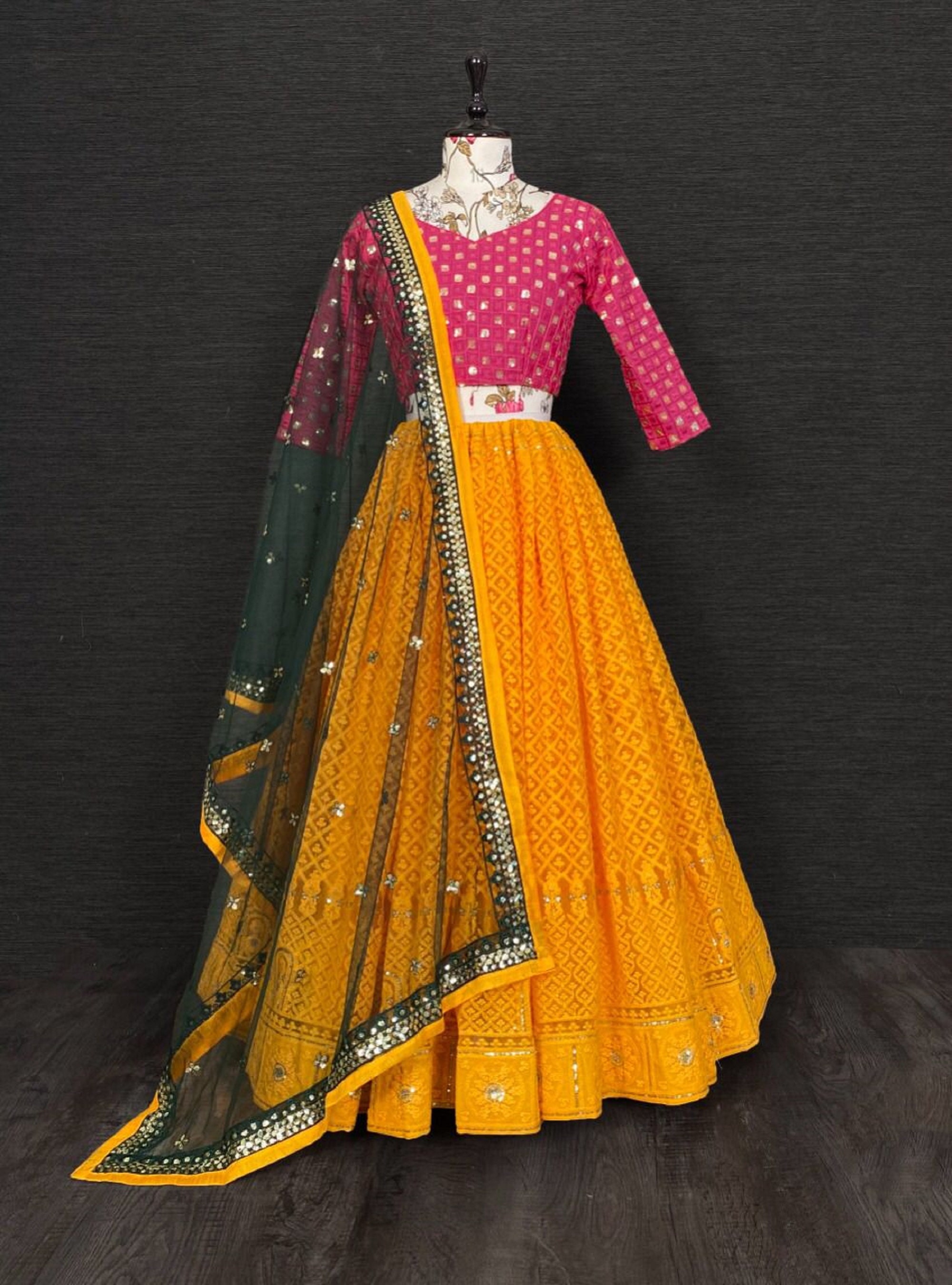 Impressive Yellow pink Lehenga Choli With Dupatta indian Designer