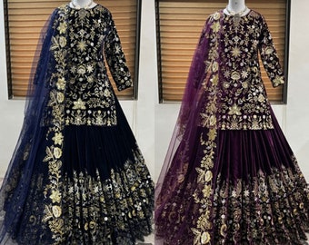 Vêtement de fête spécial hiver style pakistanais Velvet Lehenga Choli pour femme, Sangeet Lehenga Choli, vêtements de mariage Lehenga choli, robe de l'Aïd