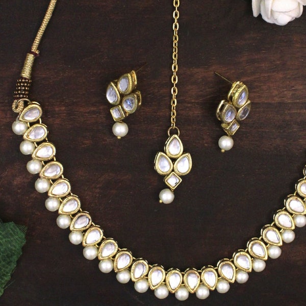 Kundan Necklace Set, Gold Plated Handcrafted Kundan And Pearl Beaded Studded Necklace with Earrings and Maangtikka