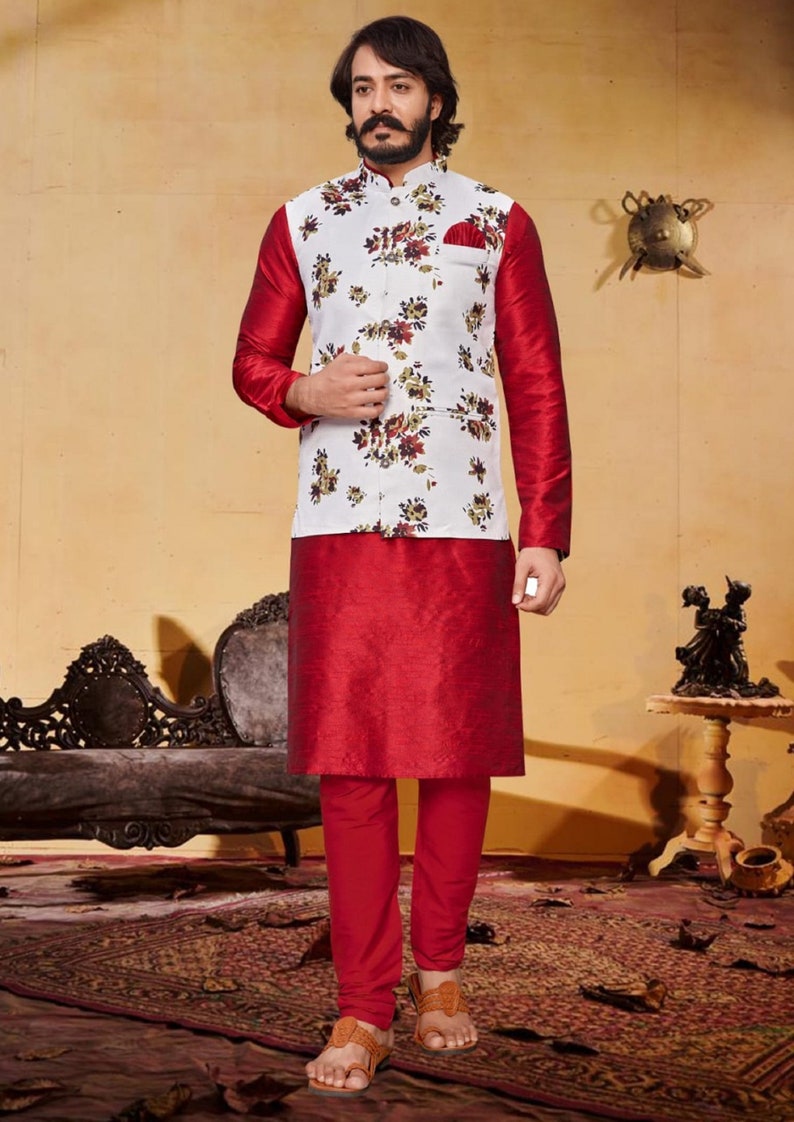 Pyjama Kurta de mariage pour homme avec veste, ensemble de kurts pour homme festif, ensemble kurta pour homme, tenue de mariage pour homme, tenue de mariage pour homme indien Design 8