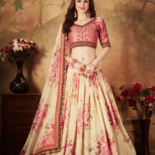 Lehenga Choli beige et pêche pour femme, prêt-à-porter de créateur indien Dupatta, Lehenga Choli Braidsmaid lehengacholi pour femme