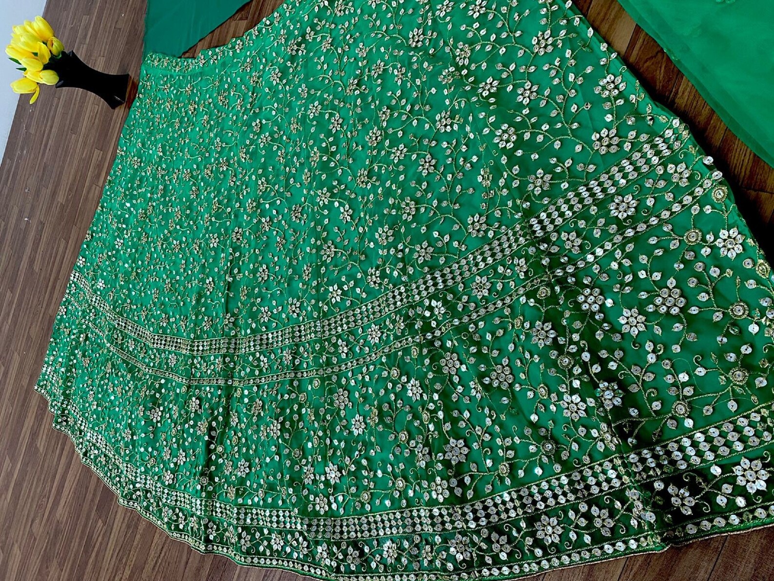 Green Readymade embroidered lehenga choli with dupatta main image 1