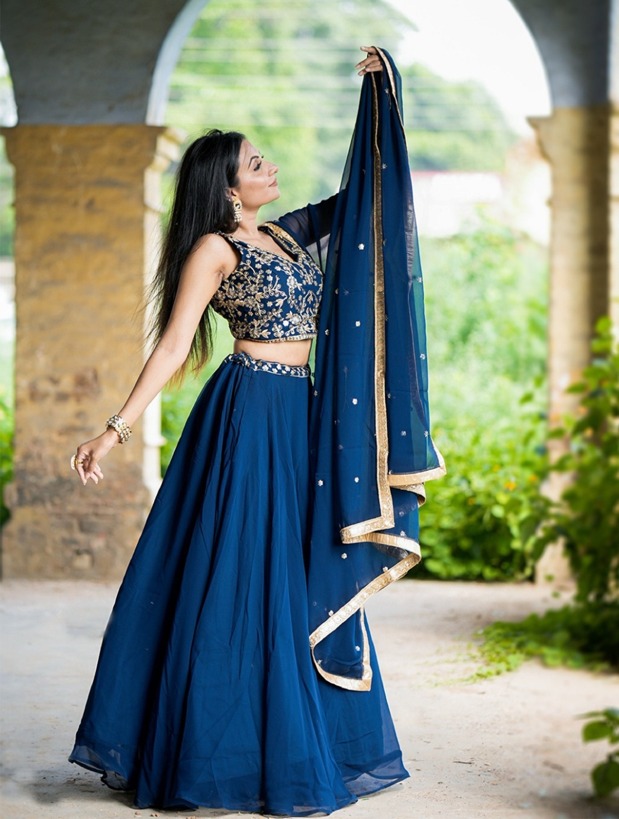 Beautiful Navy Blue Colors Lehenga Choli for Women With Dupatta , Usa Free  Shipping Georgette Withsequinsandthreadembroideryworklehengacholi -   Canada