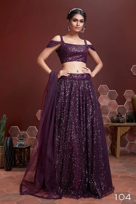 Beautiful purple sequins lehenga choli for women heavy soft net embroidered sequins work sangeet lehenga choli in usa with soft net dupatta