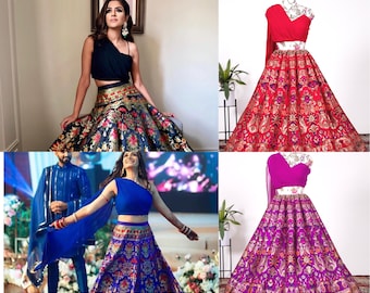 Konfektionsware Erstaunliches Banarasi-Seiden-Lehenga-Choli für Frauen, Konfektionsware in den USA, kostenloser Versand aus indischer reiner Seide mit Zari-Arbeit Lehengacholi