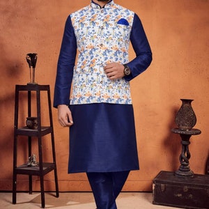 Pyjama Kurta de mariage pour homme avec veste, ensemble de kurts pour homme festif, ensemble kurta pour homme, tenue de mariage pour homme, tenue de mariage pour homme indien Design 2