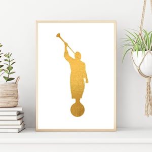 May include: A gold silhouette of a figure blowing a trumpet, standing on a sphere. The figure is depicted in a stylized, modern art style.