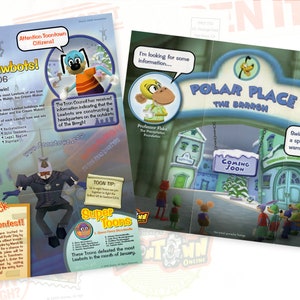 May include: Two colorful flyers for Disney's Toontown Online, featuring cartoon characters and text. One flyer promotes a Lawbot-defeating event, while the other advertises Polar Place, with a "Coming Soon" sign. The flyers have a playful, animated style.