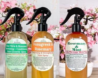 Set de 3 sprays para el crecimiento del cabello con romero, aloe vera, fenogreco, polvo de queso, ayurvédico, para la caída del cabello, para el crecimiento del cabello, alopecia, rastas, hidratación, trenzas y cuero cabelludo seco y con picazón.