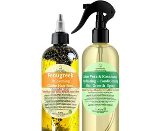 SET PARA EL CRECIMIENTO DEL CABELLO DE 16 oz/Aceite capilar de fenogreco y chebe + Spray hidratante de aloe vera y romero/Locs/Cabello más grueso/Más suave/Aceite para el recrecimiento/Pérdida del cabello/Cuero cabelludo seco