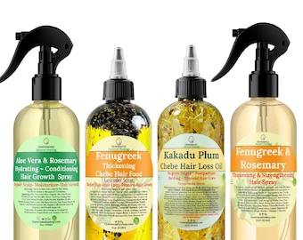 MEGA SET DE 4 PIEZAS PARA EL CRECIMIENTO/Aceite para cabello grueso, anticaída, fenogreco, aloe vera, romero, laca/Alopecia, cabello natural, calvicie, cabello fino, cuero cabelludo seco con picazón, bordes, rastas/16 oz