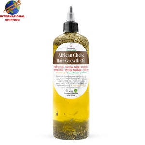 May include: A 16 fl oz bottle of African Chebe Hair Growth Oil. The bottle is clear and filled with a yellow oil. The label is yellow and brown with the text "African Chebe Hair Growth Oil" and "Hair Growth - Increase Scalp Circulation Stronger Hair - Prevent Breakage - Moisture Sweet Orange - Sage & Rosemary Infused".