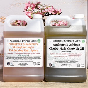 2pc Wholesale Private Label Set: Gallons African Chebe Hair Growth Oil + Fenugreek & Rosemary Thickening and Strengthening Hair Spray Bulk