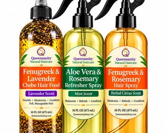 16oz 3 Piece Set, Fenugreek Chebe Hair Oil, Fenugreek & Rosemary Hair Spray, Aloe Vera Hydrating Mist, Natural Hair Care|Made in USA