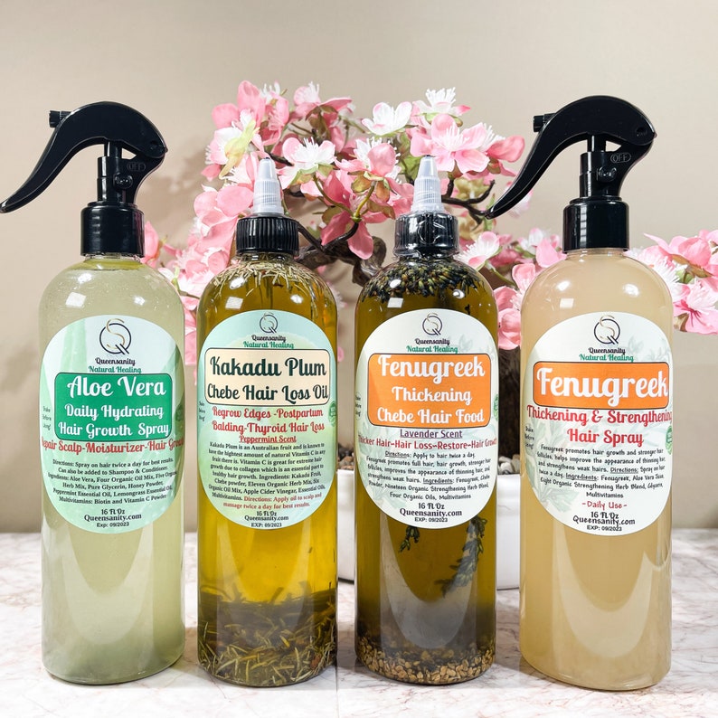 4pc MEGA REGROWTH SET|ThickHairOil HairLoss FenugreekAloeVeraRosemaryHairSpray|AlopeciaNatural|BaldingThinHair|DryItchyScalp|Edges|Locs|16oz