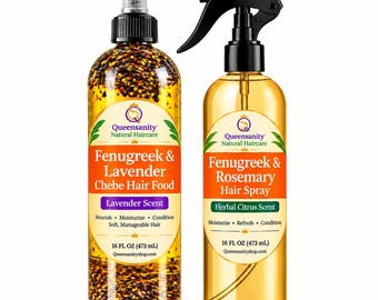 May include: Two 16 FL OZ bottles of Queensanity Natural Haircare. The left bottle contains Fenugreek & Lavender Chebe Hair Food with visible seeds. The right bottle is a Fenugreek & Rosemary Hair Spray with a black trigger sprayer nozzle.