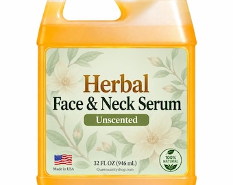 May include: A large translucent orange plastic jug containing 32 FL OZ (946 mL) of Herbal Face & Neck Serum. The label features a white floral background, dark green text, a Made in USA flag icon, and a 100% Natural circular logo.