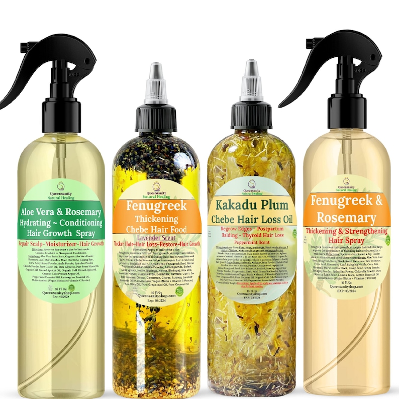May include: Four clear glass bottles with spray tops filled with a yellow liquid and various herbs and flowers. The bottles are labelled with the names of the products: Aloe Vera & Rosemary Hydrating - Conditioning Hair Growth Spray, Fenugreek Thickening Chebe Hair Food, Kakadu Plum Chebe Hair Loss Oil, and Fenugreek & Rosemary Thickening & Strengthening Hair Spray.