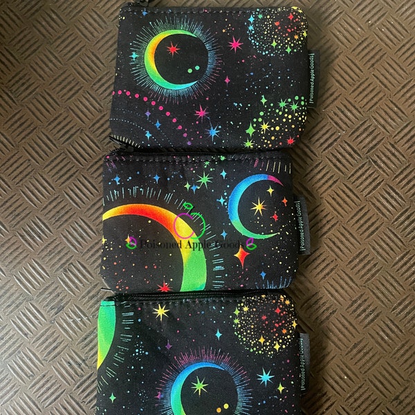 Celestial coin purse, Rainbow Moon coin purse,  Moon and Stars small zipper pouch, mini wallet, gift card holder, gift under 15