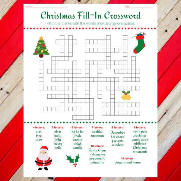 Christmas Holiday Fill In Crossword Puzzle worksheet DIGITAL PRINTABLE