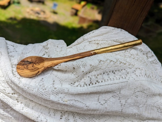 Gold Handled Olive Wood Serving Spoon