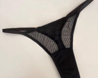 Minimalist Sheer Black Thong – Striped Mesh, High-Cut, Elegant Lingerie