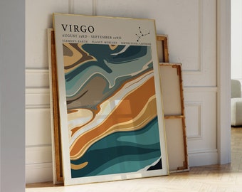 May include: A gold framed poster with the text "VIRGO" in a sans-serif font. The poster features an abstract design with blue, green, and orange colors. The text below the title reads "AUGUST 23RD - SEPTEMBER 22ND", "ELEMENT: EARTH", "PLANET: MERCURY", "BIRTHSTONE: SAPPHIRE".