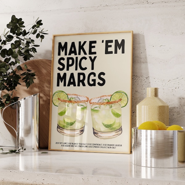 Spicy Marg Print - Spicy Margarita Print - Cocktail Print - Recipe Print - Bar cart print - Bar Cart Decor Kitchen wall art Aesthetic Prints