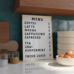 Cartaz de menu de café - Arte de parede de café - Impressão de menu de café - Arte de parede de cozinha - Arte de estação de café - Impressões de sala de jantar - Impressões de cozinha - A4