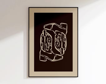 Impressão de bota de cowboy estilo faroeste - Impressão de cowgirl - Arte de parede minimalista estilo faroeste - Pôster de rodeio - Arte de parede rústica de cowboy para corredor - Impressão de Ibiza