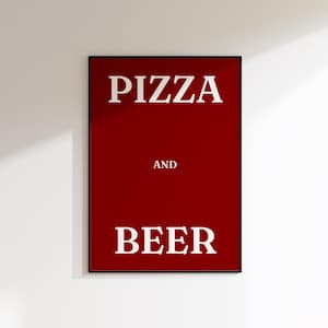 Sztuka kuchenna z piwem i pizzą - Wydruk na ścianę z piwem - Plakat z pizzą - Wydruk na wózek barowy - Dekoracja wózka barowego - Sztuka ścienna do kuchni - Nowoczesny wydruk do kuchni - A4