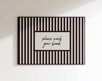 Por favor, lave as mãos - Impressão com listras em estilo paisagem - Arte minimalista para parede de banheiro - Acessórios para banheiro - Impressões para cozinhas comerciais
