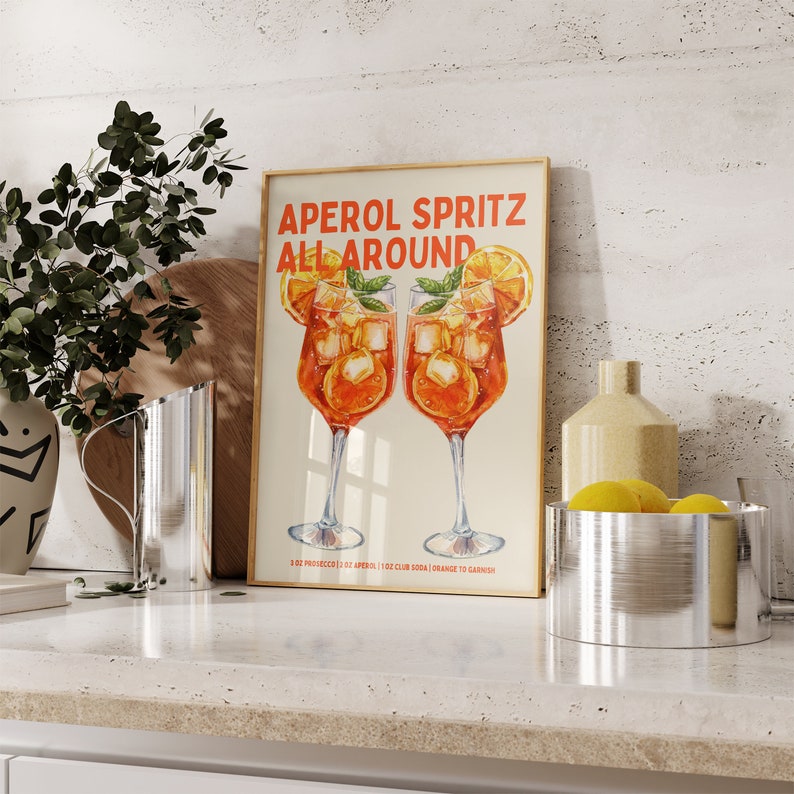 Aperol Spritz Print - Aperol spritz wall art - Cocktail Print Recipe Print Bar cart print Bar Cart Decor Kitchen wall art Aesthetic Prints Orange