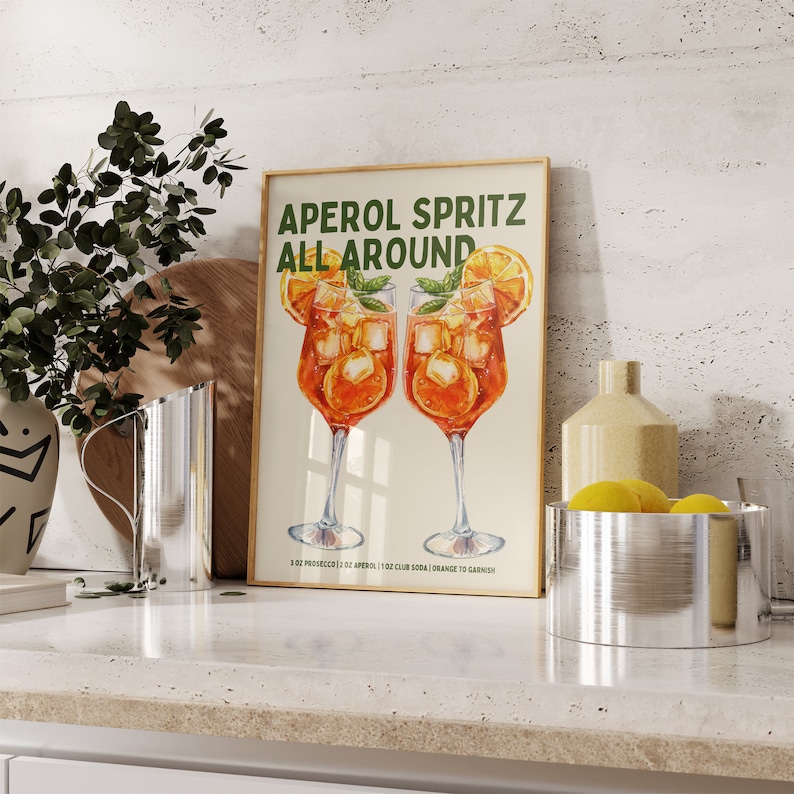 Aperol Spritz Print - Aperol spritz wall art - Cocktail Print Recipe Print Bar cart print Bar Cart Decor Kitchen wall art Aesthetic Prints Green