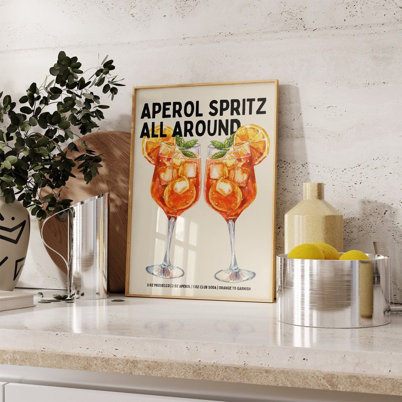 Aperol Spritz Print - Aperol spritz wall art - Cocktail Print Recipe Print Bar cart print Bar Cart Decor Kitchen wall art Aesthetic Prints Black