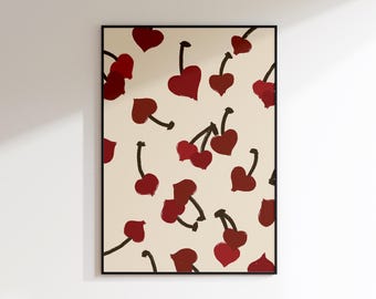 Cherry Heart Poster - Cherry Illustration - minimalist wall art - Coquette room decor - Cherry Wall Art - Heart Wall Art Heart Cherry Poster