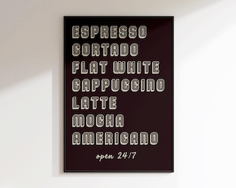 Tipos de Arte com Café - Arte Retrô com Café - Impressão de Espresso - Arte para Estação de Café - Presente para Amantes de Café - Impressão de Café Marrom - Arte para Corredor