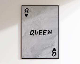 Pôster da Rainha de Copas - Arte de Parede com Cartas de Baralho - Pôster para Quarto de Casal - Arte Moderna Minimalista - Arte de Parede Estilo Grunge - Arte para Corredor, Pôster da Rainha