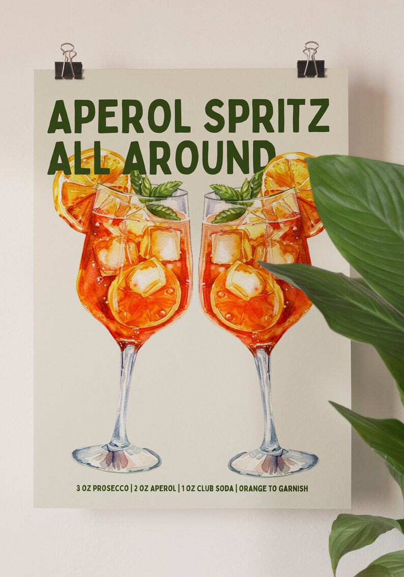 Aperol Spritz Print - Aperol spritz wall art - Cocktail Print Recipe Print Bar cart print Bar Cart Decor Kitchen wall art Aesthetic Prints image 6