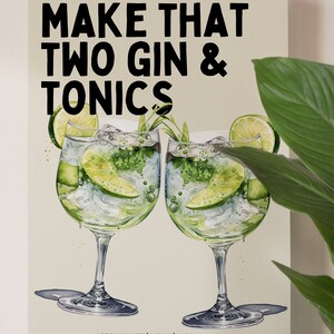 May include: A watercolor illustration of two gin and tonics with lime wedges and sprigs of rosemary. The text "MAKE THAT TWO GIN & TONICS" is at the top of the image. The text "4 OZ TONIC WATER | 2 OZ GIN | LIME TO GARNISH" is at the bottom of the image.
