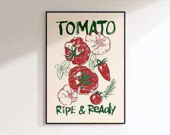 May include: A framed art print featuring a botanical illustration of tomatoes and herbs. The word "TOMATO" is printed in green at the top, with "RIPE & READY" at the bottom. The tomatoes are red with green stems.