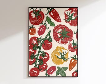 May include: A framed print featuring a colorful illustration of various tomatoes and basil leaves. The tomatoes are depicted in shades of red, orange, and yellow, with green stems and leaves. The artwork has a vintage, hand-drawn style, perfect for kitchen decor.