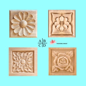 Wood Carved Square Rosette Applique- Section 4, Smoothly Sanded, Single, Unfinished
