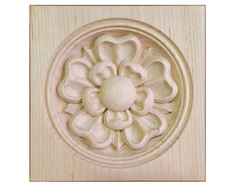 PAIR of Yorkshire Rose Carved Wood Square Corner Blocks, Square Rosettes, Architrave Blocks, Available from 3" to 5-1/8"