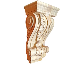 Line & Acanthus Leaf Carved Wood Corbel, Available From 4-3/4" to 7" High, Single