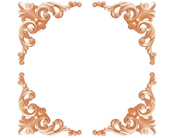 May include: A decorative frame with ornate, intricate, gold-colored, floral designs. The frame is made of wood and has a smooth, polished finish.