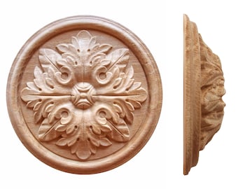 PAIR of Deep Relief Leaf Carved Wood Rosettes Appliques, Available from 1-1/2" to 6-7/8" Diameter