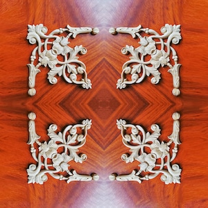 PAIR of Delicate Wood Carved Floral Vine Corner Applique for Ceiling and Panel, From 3-1/2&quot; to 8&quot;