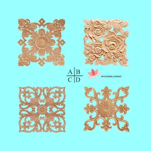 Wood Carved Hollow-out Square Rosette, Furniture Applique- Section 2, Smooth Sanded, Unfinished