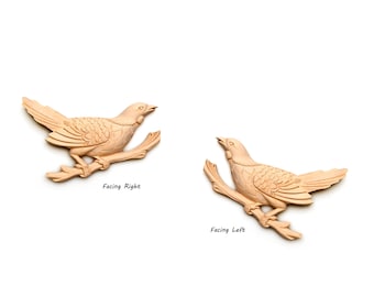 PAIR of Vivid Carved Bird on A Twig Wood Appliques, 6-3/8"x3-5/8", Mirror Pair